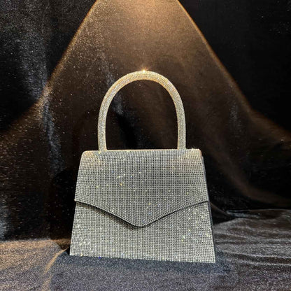 Square Rhinestone Evening Clutch for Women - Silver Dinner Bag with Leather Top Handle for Party & Dinner