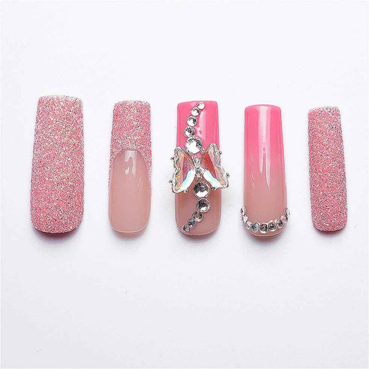 Handmade 3D Floral Press On Nails - Long Square Shape with Glitter Gradient Shiny Design, Artificial Acrylic Nails with Glue Butterfly