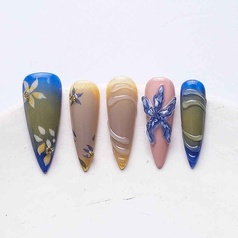 Glitter Gradient Press On Nails - 3D Floral Medium stiletto False Nails with Glue Summer Fake Nails for Women Girls Daily Wear DIY Manicure 1069