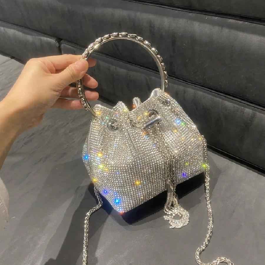 Glamorous Rhinestone Evening Bag - Gold & Silver Drawstring Clutch with Crossbody Chain for Wedding Prom Parties