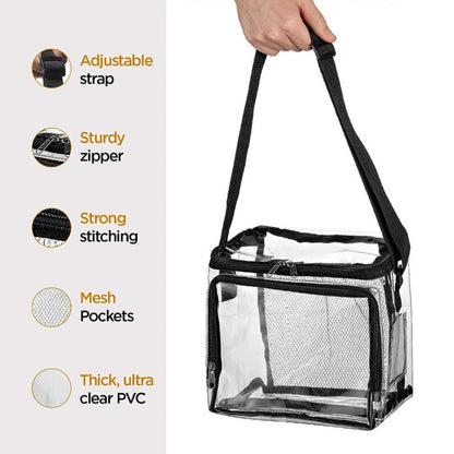PVC Clear Lunch Bag with Adjustable Strap - Front Storage Compartment & Mesh Pocket -dropshippingabc.com