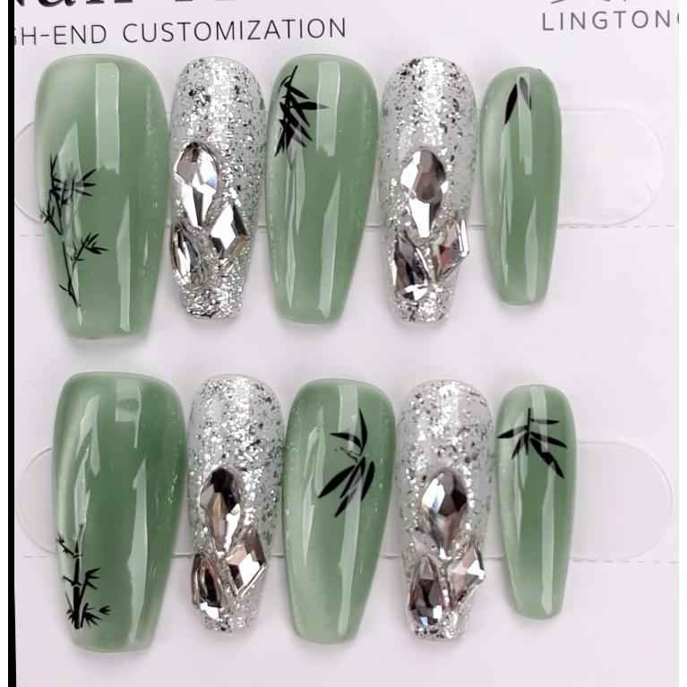 Bamboo Drawing Handmade Press On Nails - Medium Square Shape Fake Nails Removable with Glue Kit #1048