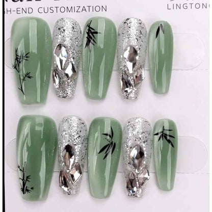 Bamboo Drawing Handmade Press On Nails - Medium Square Shape Fake Nails Removable with Glue Kit #1048