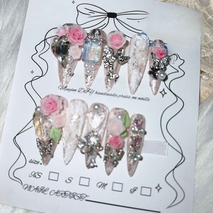 3D Pink Roses Press On Nails - Short Stiletto with Crystal & Lace Decoration, Handmade Fake Nails with Glue Kit #1018