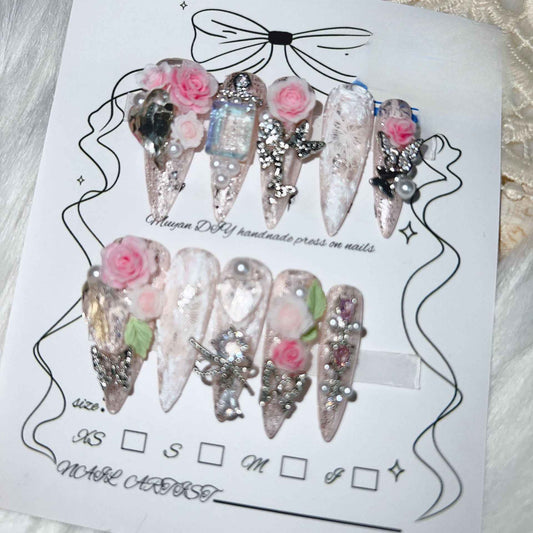 3D Pink Roses Press On Nails - Short Stiletto with Crystal & Lace Decoration, Handmade Fake Nails with Glue Kit #1018