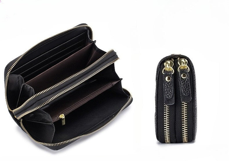Women's Leather Double Zipper Wallet - Solid Color Large Capacity Long Phone Wallet from First-Layer Cowhide -dropshippingabc.com