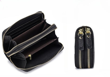 Women's Leather Double Zipper Wallet - Solid Color Large Capacity Long Phone Wallet from First-Layer Cowhide -dropshippingabc.com