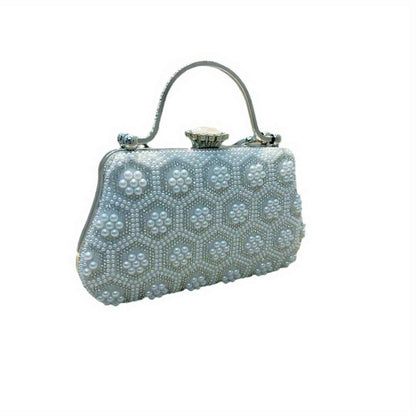 Vintage Evening Purse with Pearl Embellishment - Metal Top Handle & Detachable Crossbody Chain Wedding Clutch M4676-089113
