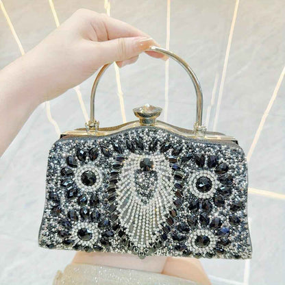 Nightout Bag with Diamond Inlaid Metal Handle - Large Evening Clutch Purse for Ladies Banquet, Single Shoulder & Crossbody Carry