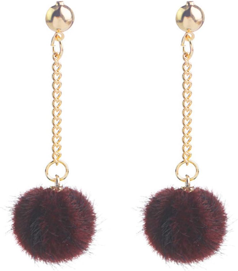 Faux Fur Pom Pom Tassel Drop Dangle Earrings Set
