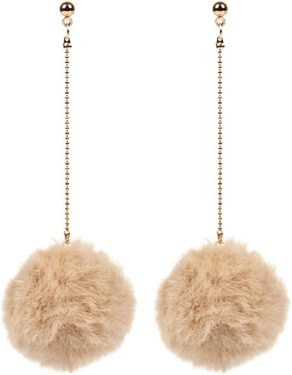 Faux Fur Pom Pom Tassel Drop Dangle Earrings Set