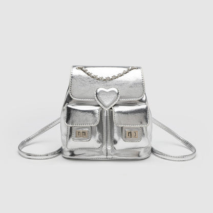 Silver Backpack Purse for Women - Elegant Metallic Finish Fashion Bag with Chain Strap, Versatile Travel Bucket Bag -dropshippingabc.com