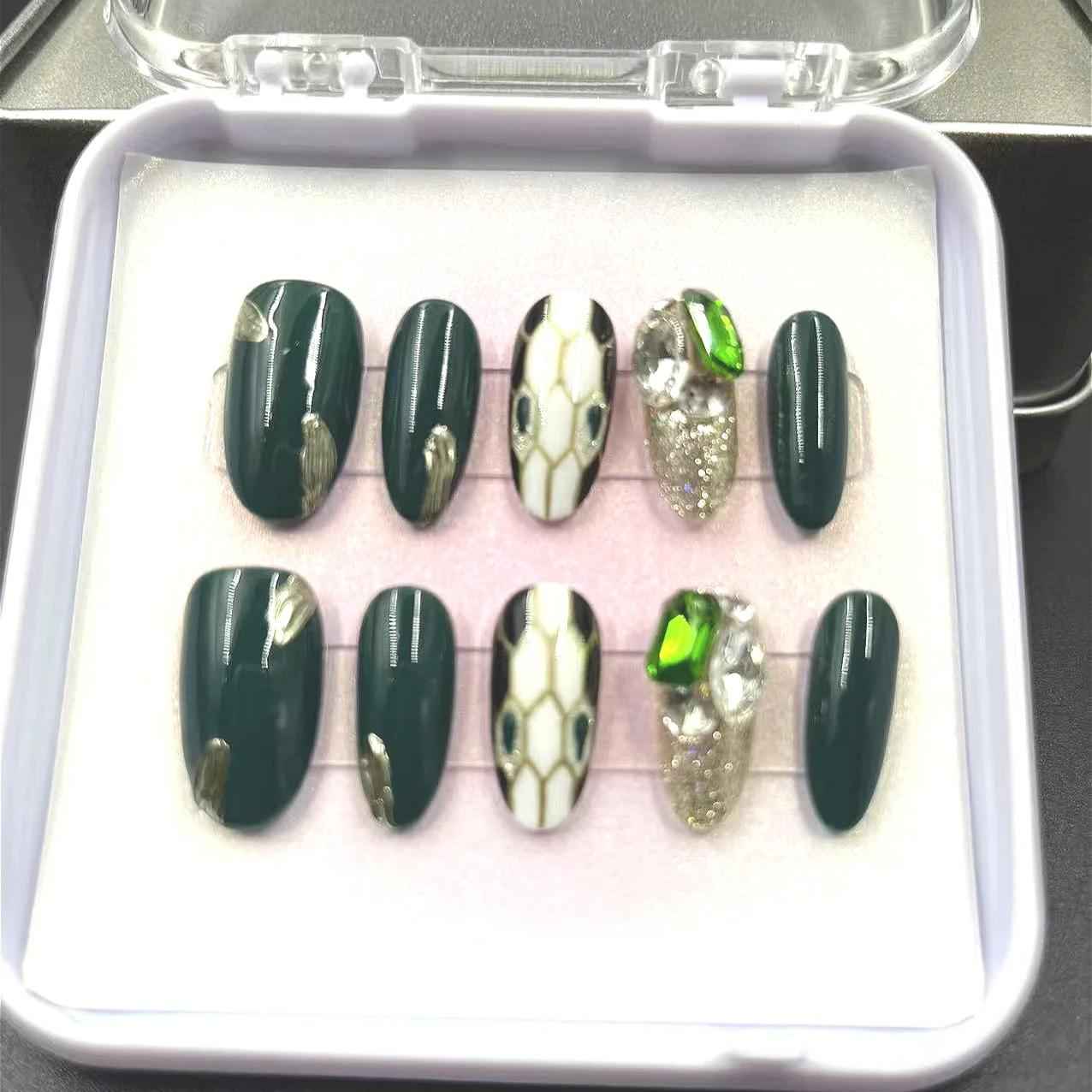 Dark Green Leopard Print Press On Nails - Handmade Art Fake Nails Removable with Glue Kit #1047