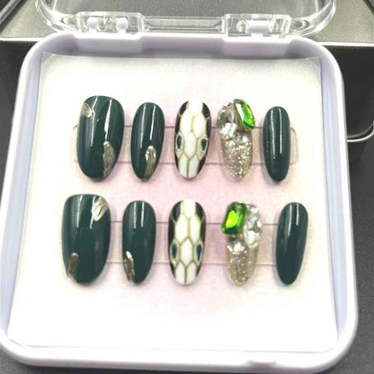 Dark Green Leopard Print Press On Nails - Handmade Art Fake Nails Removable with Glue Kit #1047