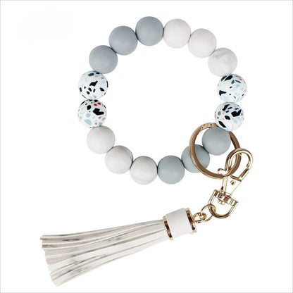 PU Tassel Keychain Bag charm Silicone Beaded Keychain Wristlet Key Ring Bracelet Cute Car Key Chain Holder for Women Girls -dropshippingabc.com