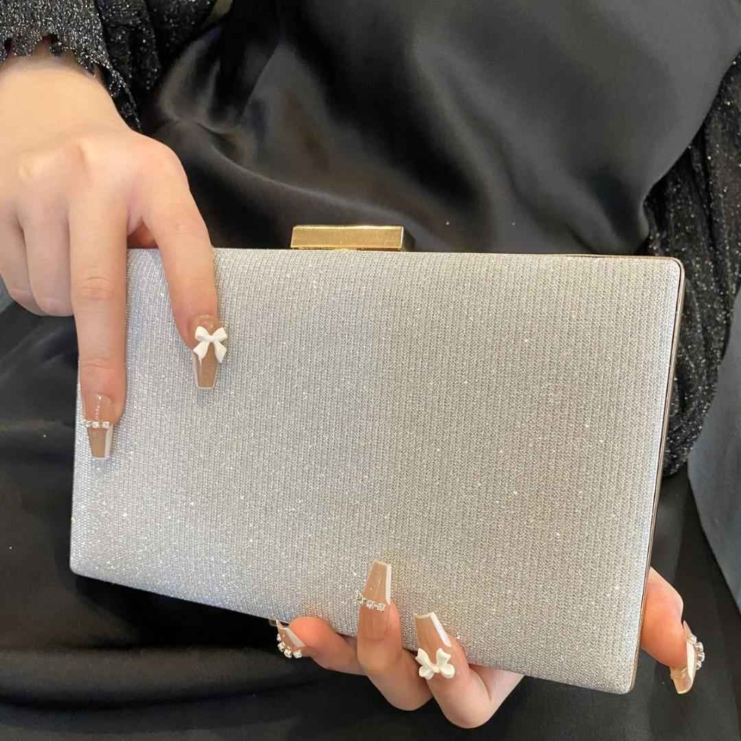 Long Rectangle Clutch Bag with Diamond Ribbon Button - Elegant Evening Purse for Wedding & Birthday Dinner
