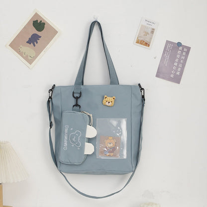Cartoon Canvas Bag with Bunny Pendant - Cute Self-Contained Student Shoulder Tote Bag -dropshippingabc.com