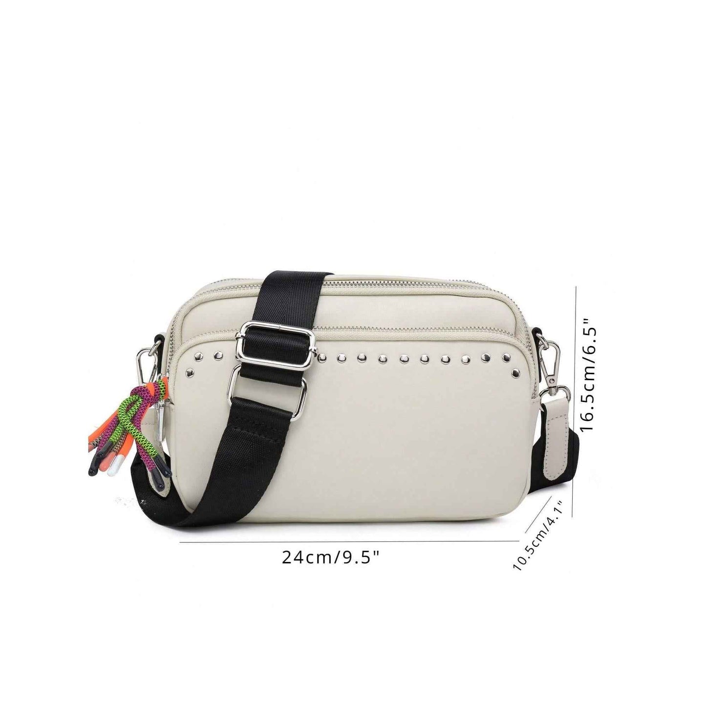 Women's Small Crossbody Bag - Beige & Black Square Purse with Multiple Pockets, Trendy Tassel & Wide Comfortable Nylon Guitar Strap
