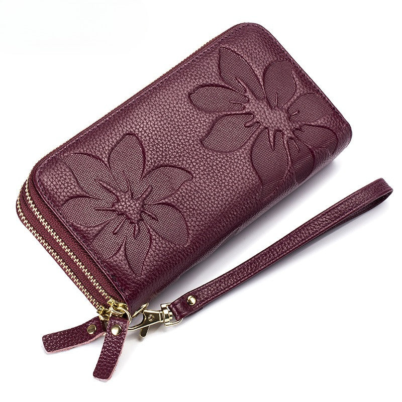 Women's Leather Double Zipper Wallet - Solid Color Large Capacity Long Phone Wallet from First-Layer Cowhide -dropshippingabc.com