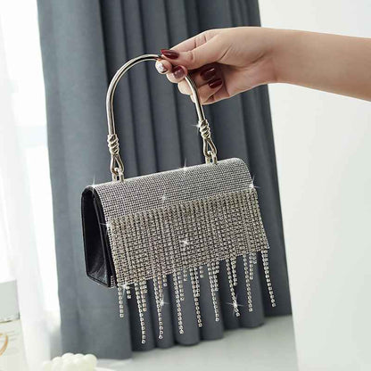 Rectangle Evening Clutch Purse with Glittering Rhinestone Tassel - Small Square Bag with Metal Handle & Detachable Chain