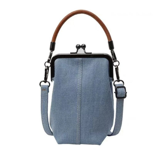 Denim Phone Bag with Clasp Closure - Soft Leather Handle & Adjustable Crossbody Strap -dropshippingabc.com