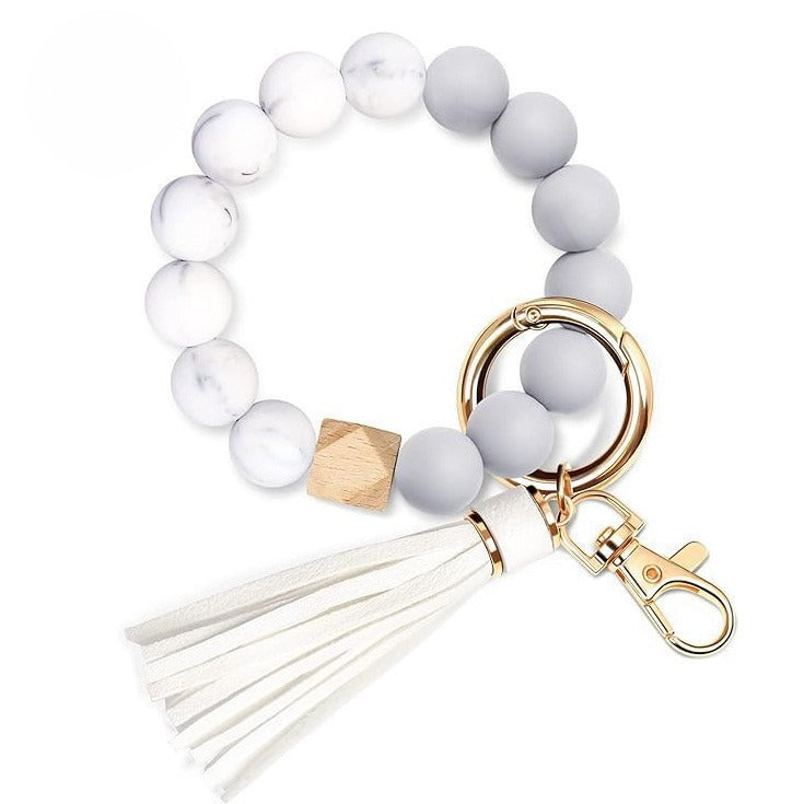 PU Tassel Keychain Bag charm Silicone Beaded Keychain Wristlet Key Ring Bracelet Cute Car Key Chain Holder for Women Girls -dropshippingabc.com