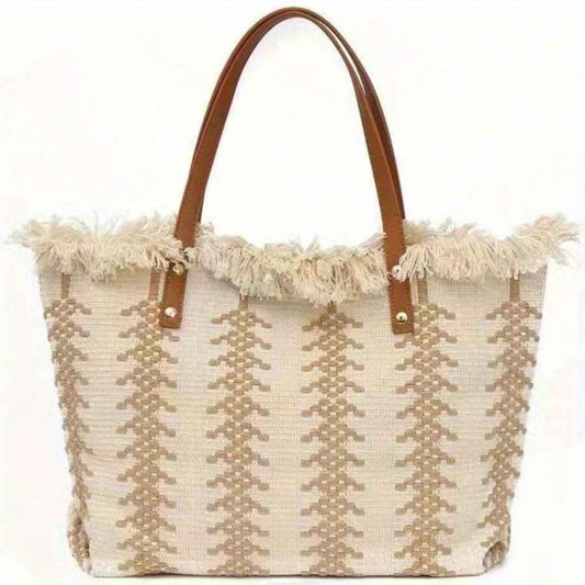 Beach Tote Bag - Bohemia Canvas Woven Summer Purse, Big Vacation Bag Lightweight Simple Design