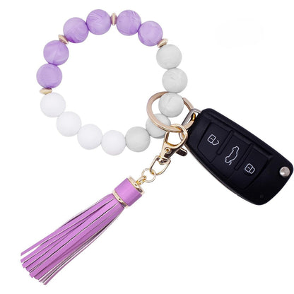 PU Tassel Keychain Women's Bag charm Silicone Beaded Keychain Wristlet Key Ring Bracelet Cute Car Key Chain Holder for Women Girls