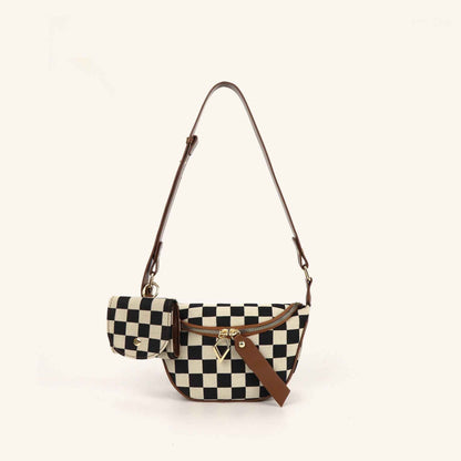 Checkerboard Canvas Crossbody Bag - 2-in-1 Compact Chest Bag & Fanny Pack for Everyday Commute