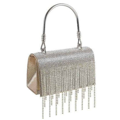 Rectangle Evening Clutch Purse with Glittering Rhinestone Tassel - Small Square Bag with Metal Handle & Detachable Chain
