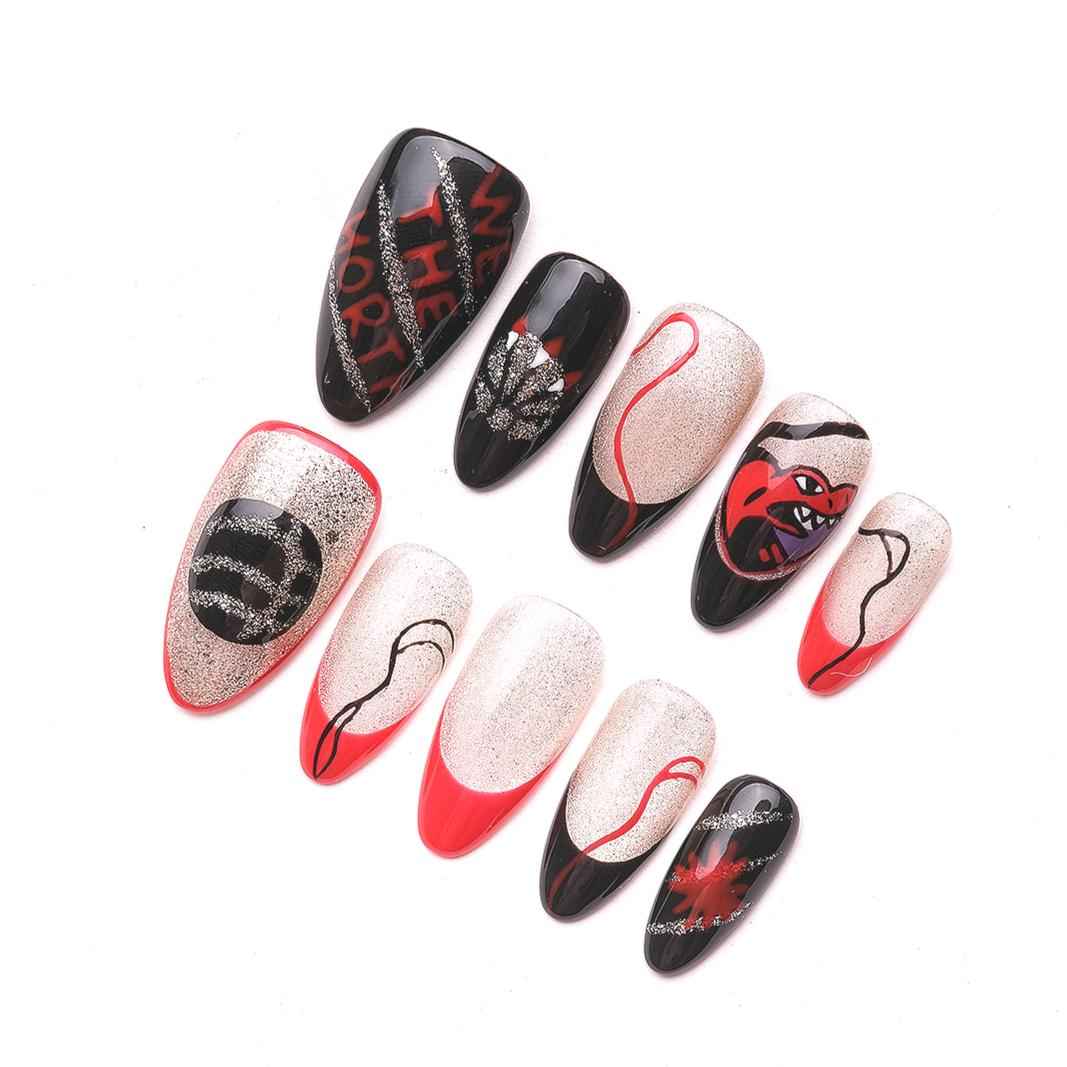 Handmade 3D Floral Almond Press On Nails - Short Shiny False Nails with Glue for Women 1074