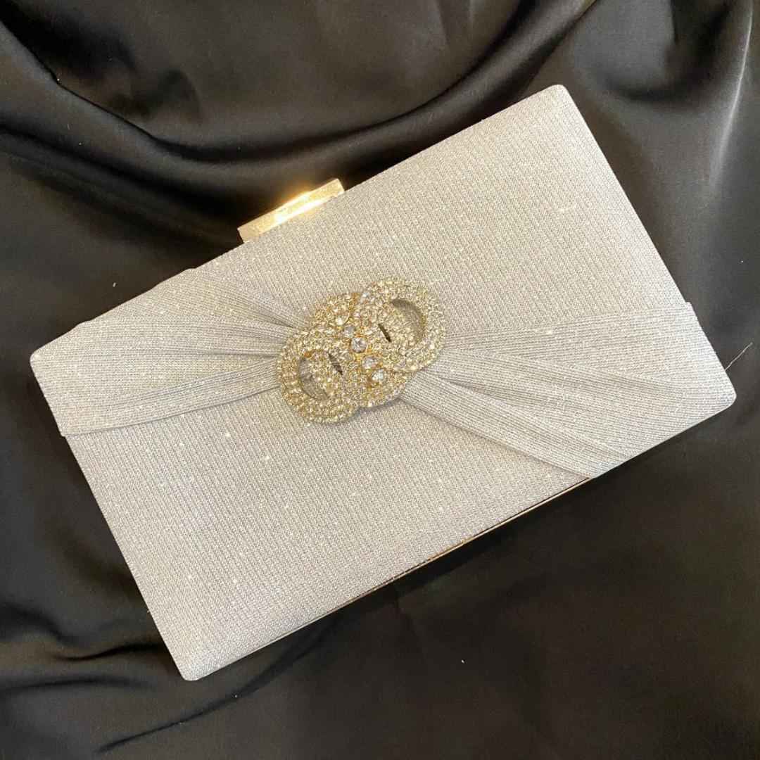 Long Rectangle Clutch Bag with Diamond Ribbon Button - Elegant Evening Purse for Wedding & Birthday Dinner
