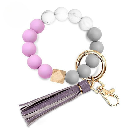 PU Tassel Keychain Bag charm Silicone Beaded Keychain Wristlet Key Ring Bracelet Cute Car Key Chain Holder for Women Girls