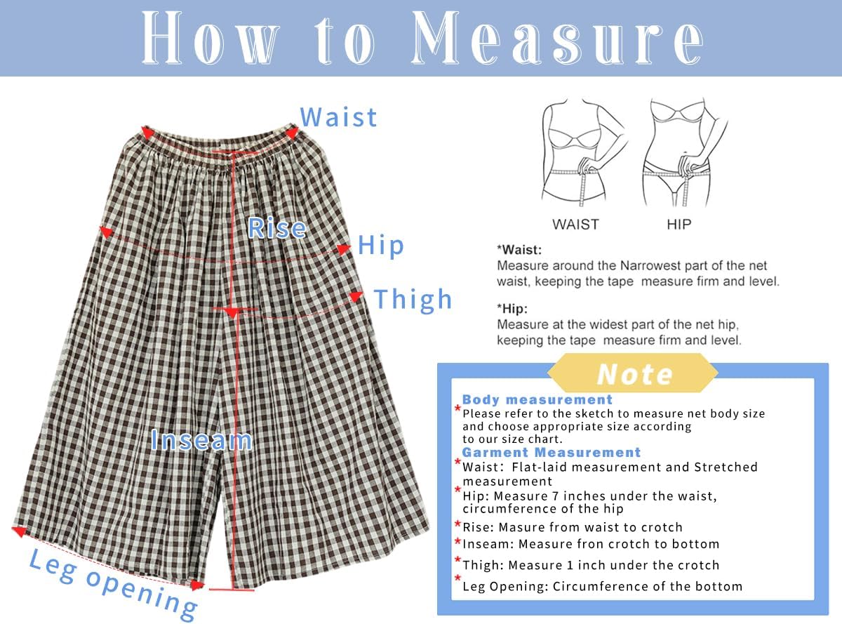 Women's Cotton Linen Plaid Pants - Elastic Waist Wide Leg Palazzo Capri Pants -dropshippingabc.com