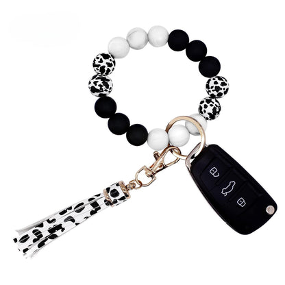 PU Tassel Keychain Bag charm Silicone Beaded Keychain Wristlet Key Ring Bracelet Cute Car Key Chain Holder for Women Girls -dropshippingabc.com