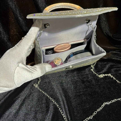 Square Rhinestone Evening Clutch for Women - Silver Dinner Bag with Leather Top Handle for Party & Dinner