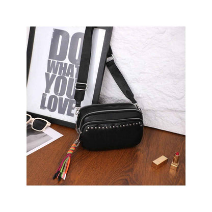 Women's Small Crossbody Bag - Beige & Black Square Purse with Multiple Pockets, Trendy Tassel & Wide Comfortable Nylon Guitar Strap