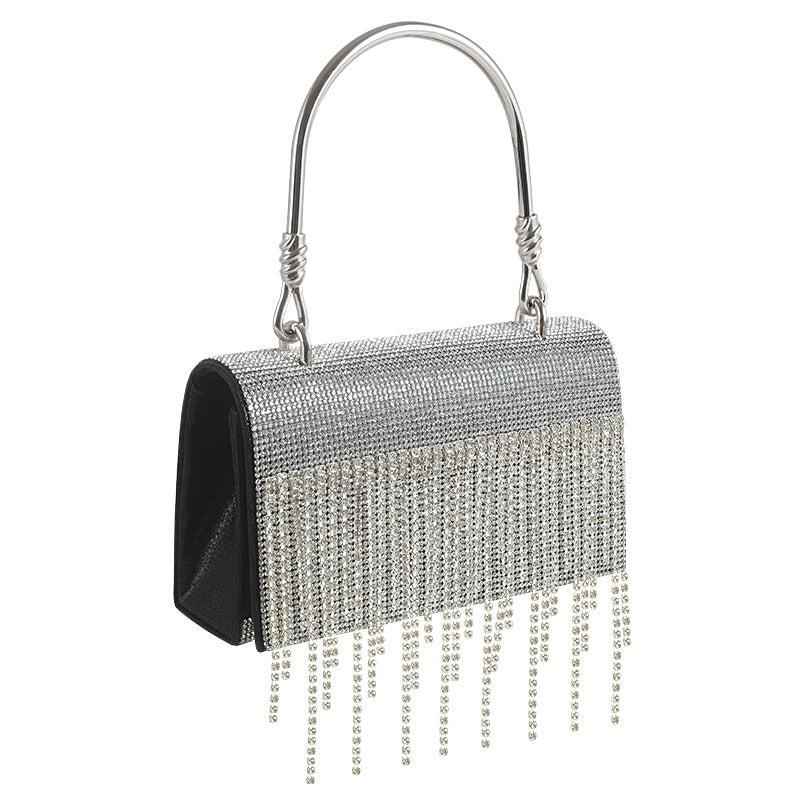 Rectangle Evening Clutch Purse with Glittering Rhinestone Tassel - Small Square Bag with Metal Handle & Detachable Chain