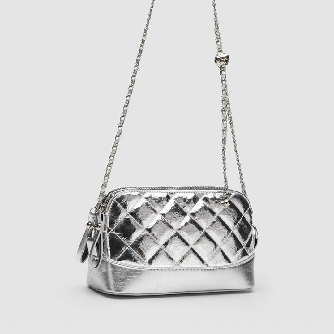 Small Casual Crossbody Bag with Long Chain Strap - Silver Metallic Checkered Shoulder Bag for Women -dropshippingabc.com