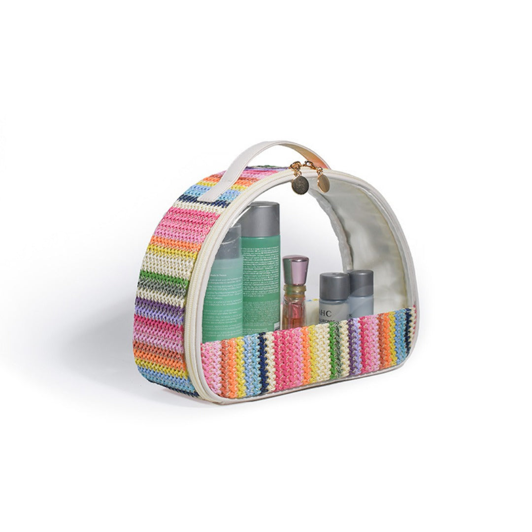Semicircular Straw & PVC Cosmetic Bag - Waterproof Woven Travel Toiletry Organizer -dropshippingabc.com