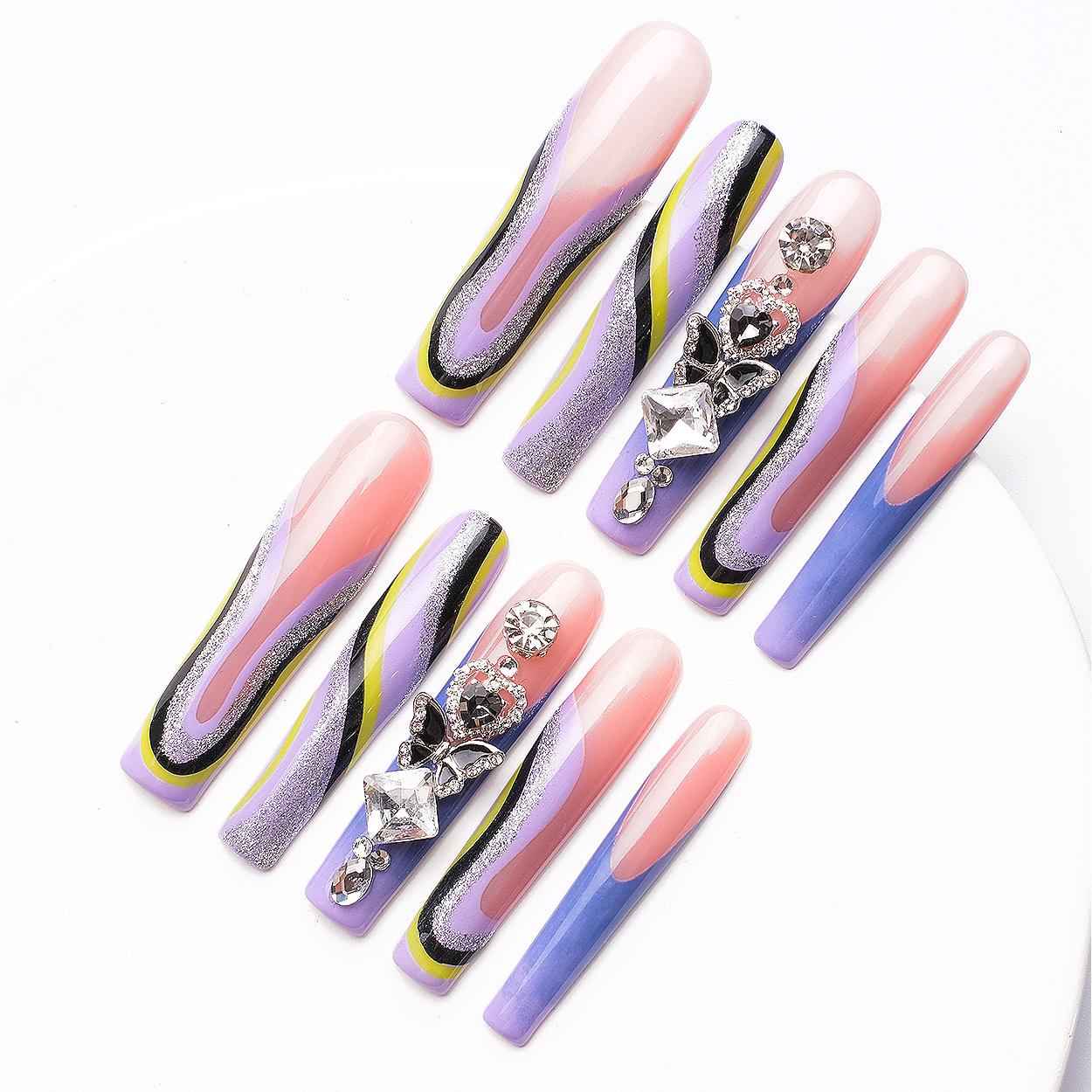 Handmade 3D Floral Press On Nails - Long Square Glitter Gradient False Nails with Glue 1068
