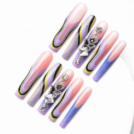 Handmade 3D Floral Press On Nails - Long Square Glitter Gradient False Nails with Glue 1068