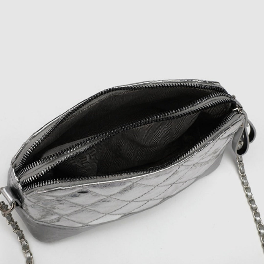 Small Casual Crossbody Bag with Long Chain Strap - Silver Metallic Checkered Shoulder Bag for Women -dropshippingabc.com