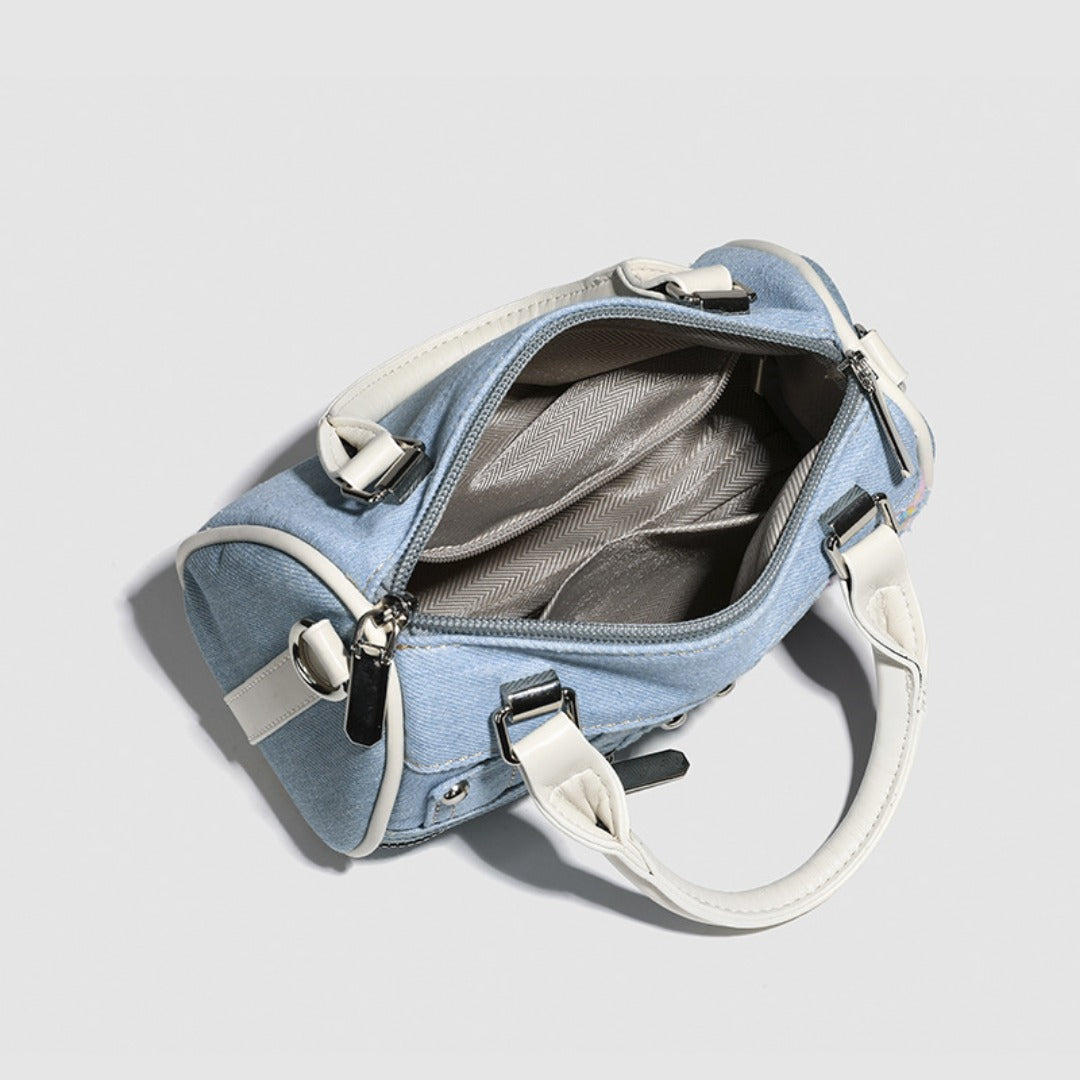 Denim Patchwork Boston Tote Bag for Women - Small Tote Purse with Detachable Crossbody Strap, Versatile Fashion Handbag for Girls -dropshippingabc.com