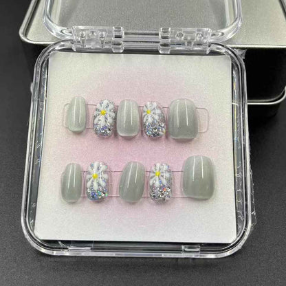 Snowflake Design Press On Nails - Short Square Elegant Light Grey Fake Nails Removable with Glue Kit #1044