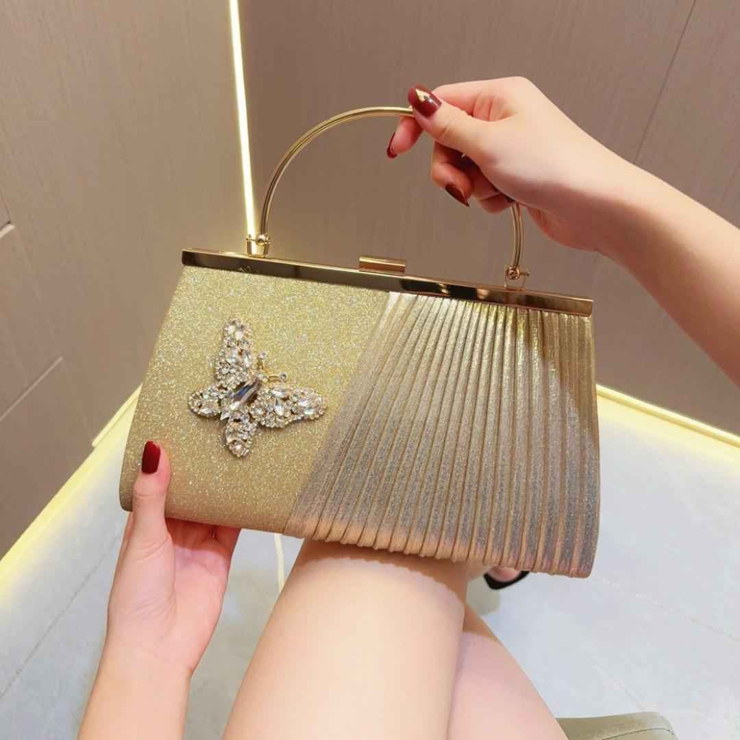 Pleated Evening Purse with Metal Top Handle - Detachable Crossbody Chain Clutch for Wedding & Banquet