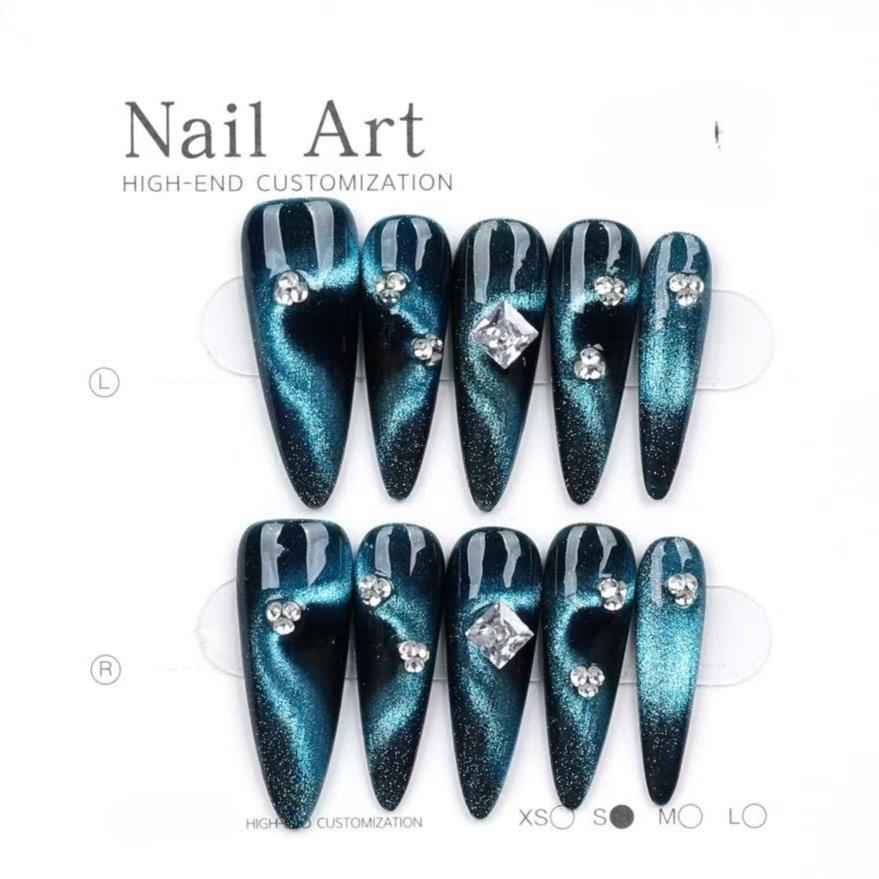 Cat Eye Handmade Drawing Press On Nails - Medium Stiletto False Nails | Removable Artificial Nails with Glue Kit #1051