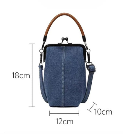 Denim Phone Bag with Clasp Closure - Soft Leather Handle & Adjustable Crossbody Strap -dropshippingabc.com