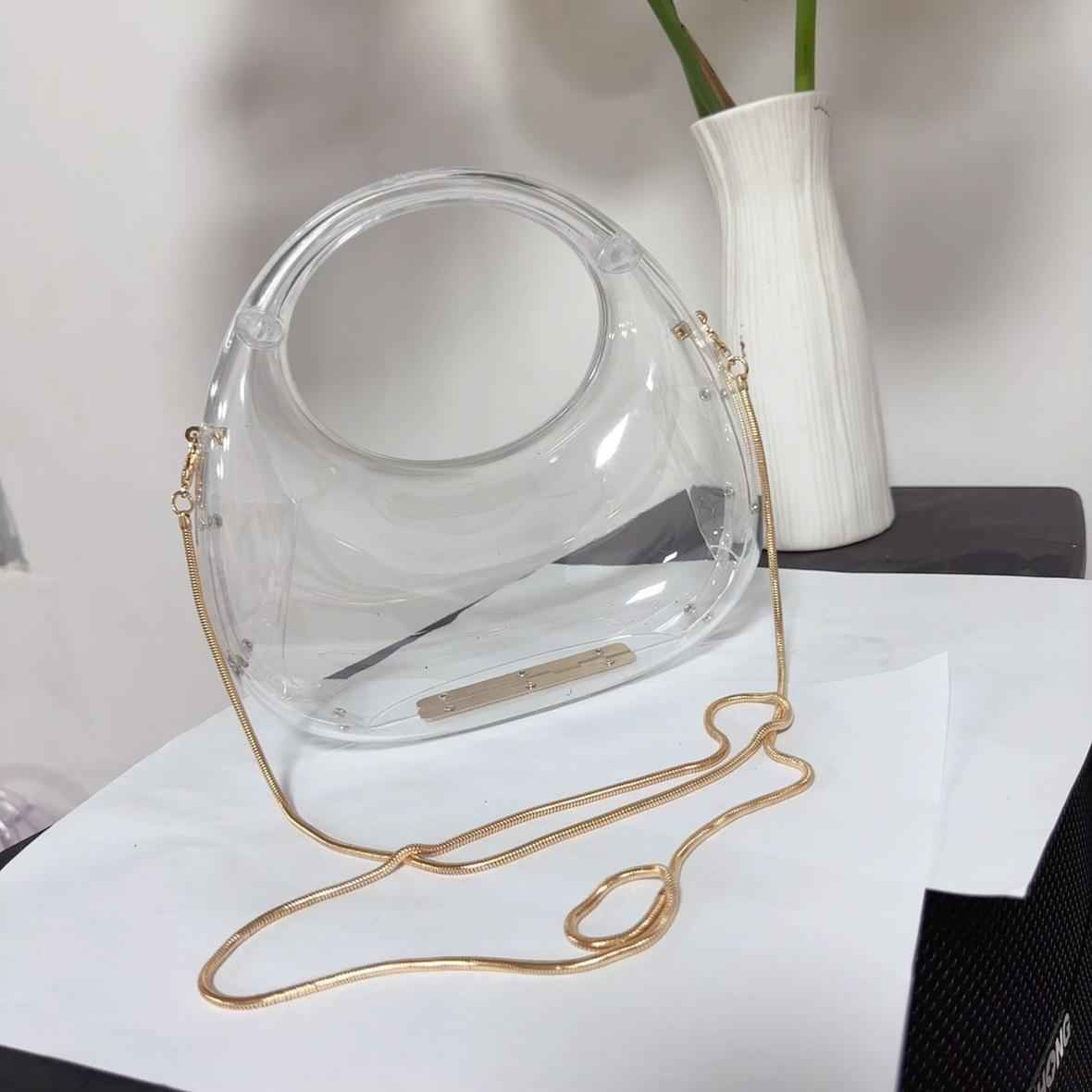 Acrylic Clutch Purse with Oval Bottom & Metal Top Handle - Versatile Chain Strap Evening Bag for Dinner & Parties