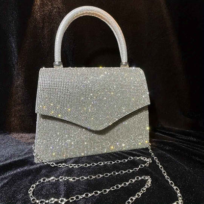 Square Rhinestone Evening Clutch for Women - Silver Dinner Bag with Leather Top Handle for Party & Dinner